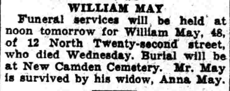 William May obituary, Camden Courier-Post, September 20, 1935