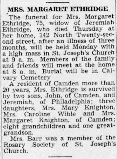 Mrs. Margaret Ethridge obituary, Camden Courier-Post, July 4, 1941