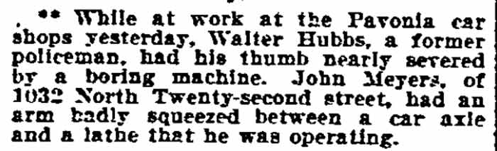 Injuries at Pavonia Car Shops, Philadelphia Inquirer, October 27, 1906