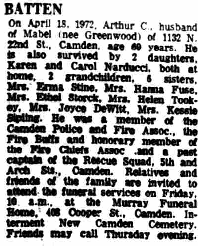 Arthur C. Batten obituary — Camden Courier-Post, April 19, 1972
