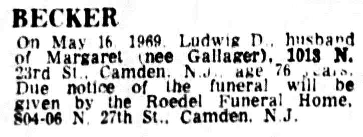 Ludwig D. Becker death notice — Camden Courier-Post, May 17, 1969
