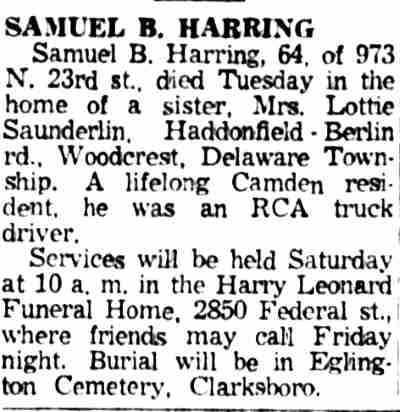 Samuel B. Harring obituary — Camden Courier-Post, February 19, 1959