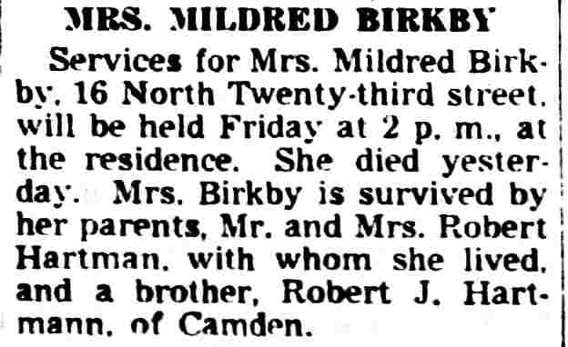 Mrs. Mildred Birkby death notice — Camden Courier-Post, February 20, 1946