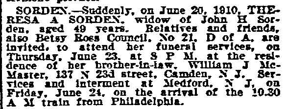 Theresa A. Sorden death notice — Philadelphia Inquirer, June 23, 1910