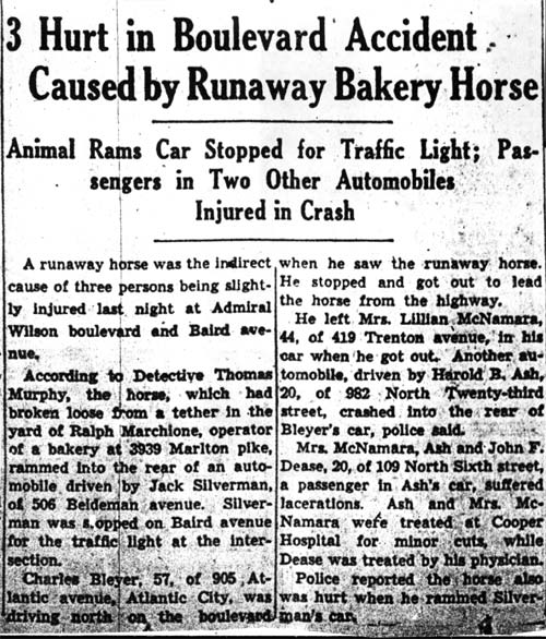 3 Hurt in Boulevard Accident Caused by Runaway Bakery Horse — Camden Courier-Post, May 27, 1942