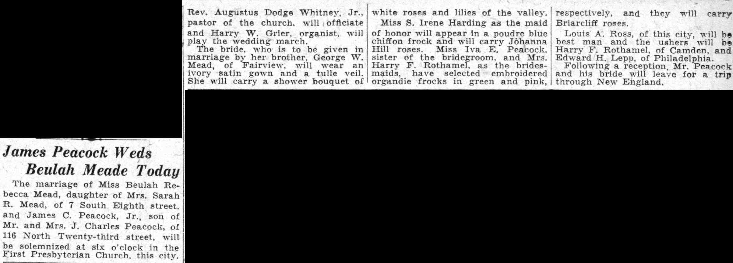 James Peacock Weds Beulah Meade Today — Camden Courier-Post, June 11, 1932