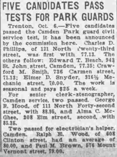 Five Candidates Pass Tests for Park Guards — Camden Evening Courier, October 6, 1925