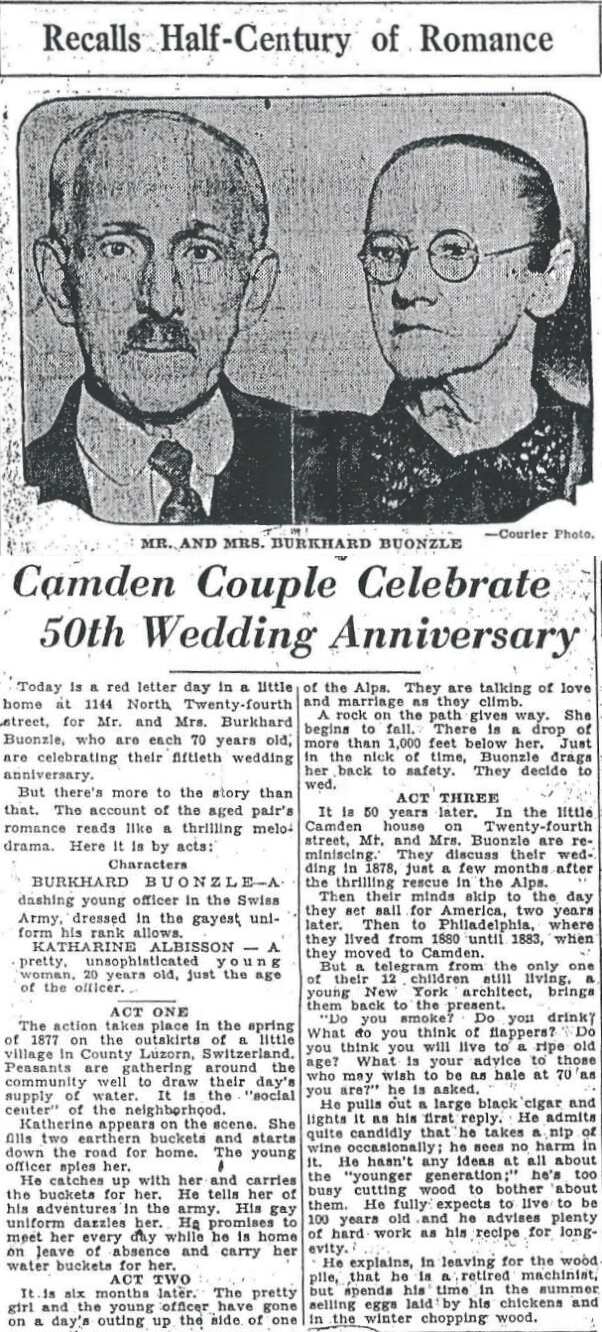 Mr. and Mrs. Burkhard Buenzle, Camden Courier-Post, February 9, 1928