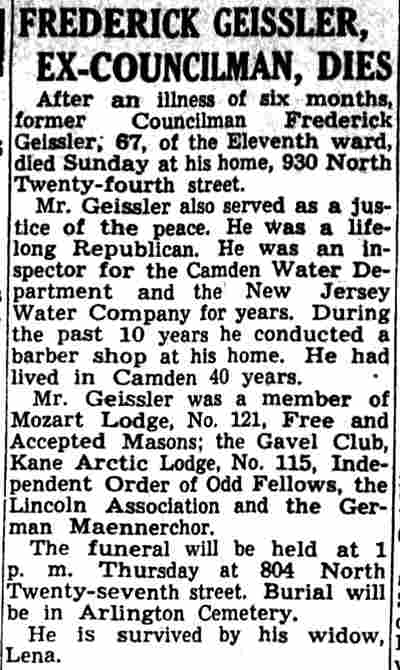 Frederick Geissler, Ex-Councilman, Dies — 930 North 24th Street, Camden Courier-Post June 17, 1941