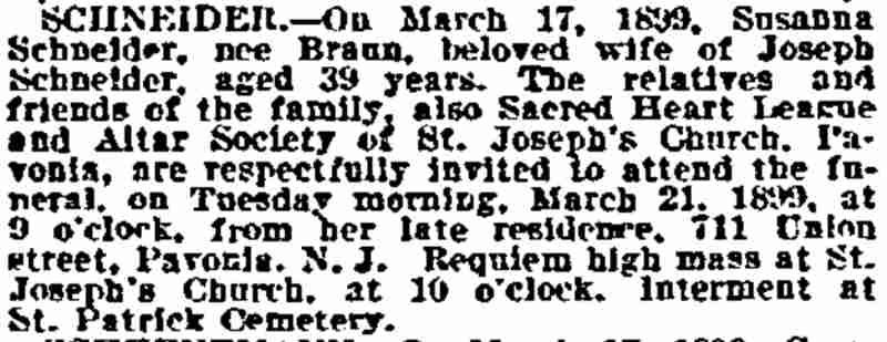 Schneider death notice, 1899