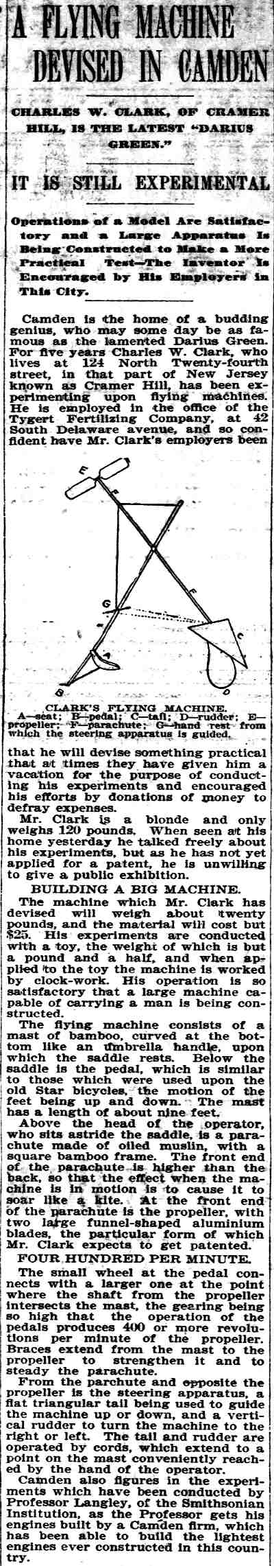 A Flying Machine Devised in Camden — Charles W. Clark, 124 North 24th Street, Philadelphia Inquirer January 19, 1895
