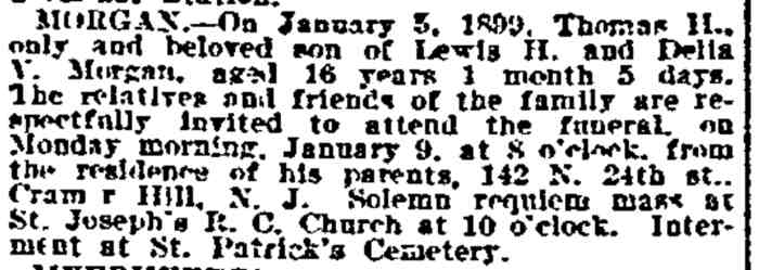 Morgan death notice, 124 North 24th Street, Cramer Hill, Philadelphia Inquirer January 6, 1899