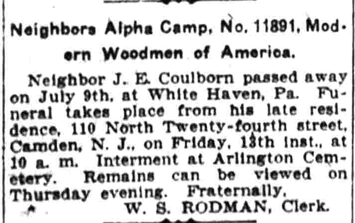 J. E. Coulborn death notice, 110 North 24th Street, Camden Post-Telegram July 12, 1906