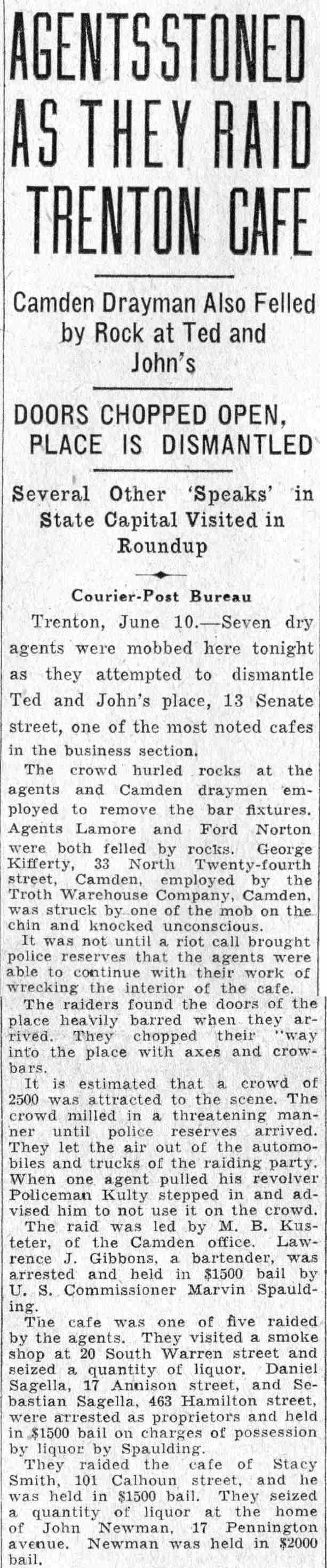 Agents Stoned as They Raid Trenton Cafe — George Kifferly, 33 North 24th Street, Camden Courier-Post June 11, 1932