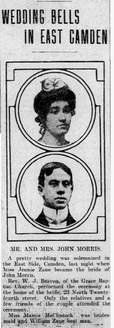 Wedding Bells in East Camden — John Zane family, 23 North 24th Street, Philadelphia Inquirer May 1, 1903