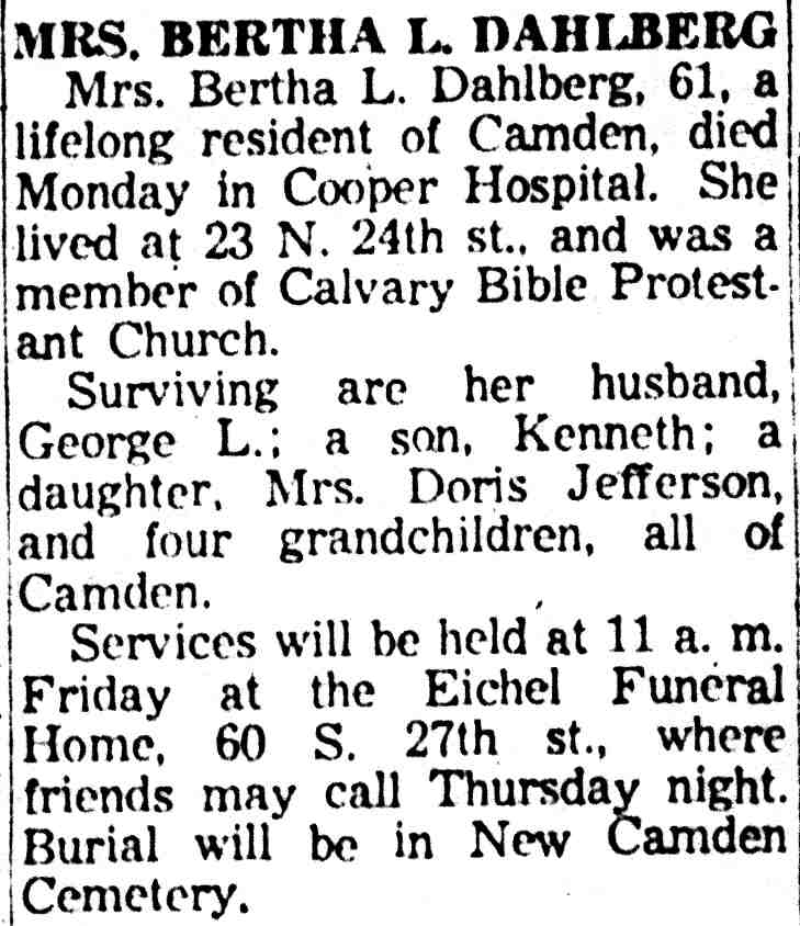 Mrs. Bertha L. Dahlberg obituary, 23 North 24th Street, Camden Courier-Post December 22, 1957