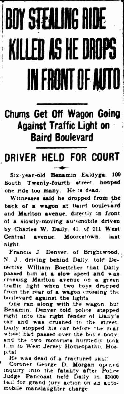 Boy Stealing Ride Killed as He Drops in Front of Auto — Benamin Baldyga, 100 South 24th Street, Camden Courier-Post September 20, 1929