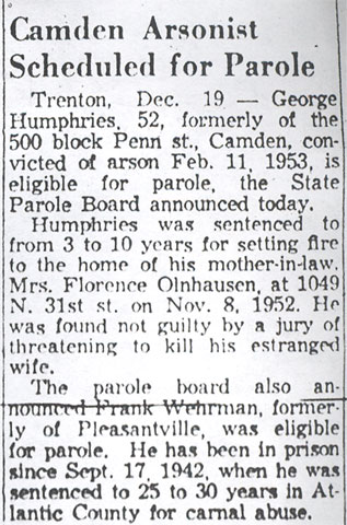 Camden Arsonist Scheduled for Parole, Camden Courier-Post, December 20, 1957