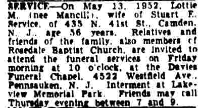 Lottie M. Service death notice, Camden Courier-Post, May 14, 1952