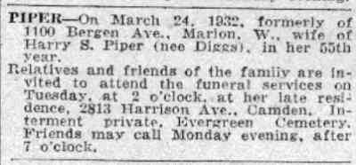 Marion W. Piper death notice, Camden Courier-Post, March 28, 1932