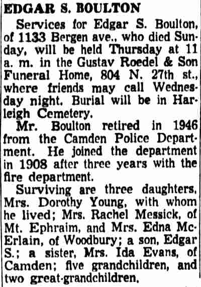 Edgar S. Boulton obituary, Camden Courier-Post, May 29, 1956