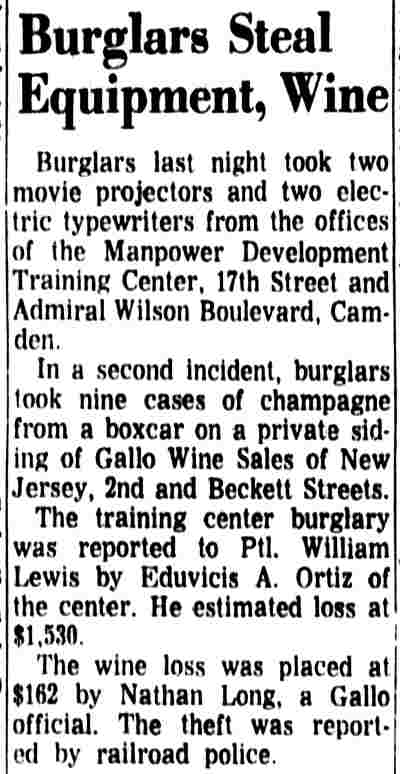 Burglars Steal Equipment, Wine newspaper clipping, Camden Courier-Post, July 15 1968