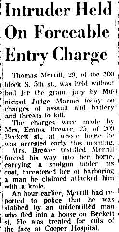 Intruder Held On Forceable Entry Charge newspaper clipping, Camden Courier-Post, December 26 1957