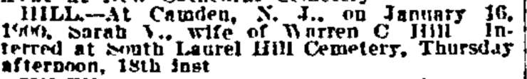 Death of Sarah V. Hill obituary notice, Philadelphia Inquirer, January 19 1900