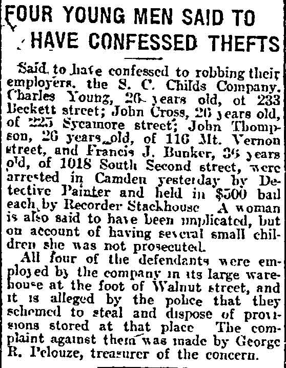 Four Young Men Said to Have Confessed Thefts newspaper clipping, Philadelphia Inquirer, February 5 1913