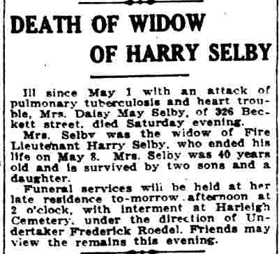 Death of Widow of Harry Selby obituary, Camden Post-Telegram, July 30 1923