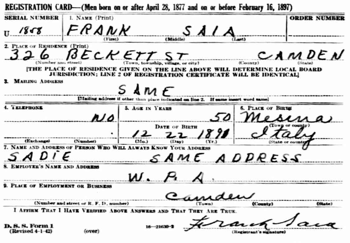 Frank Saia Family, 326 Beckett Street, Camden NJ, World War II era