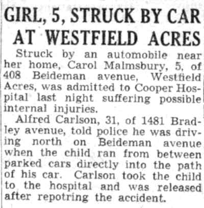 Girl struck by car at Westfield Acres — Camden Courier-Post, July 30, 1941