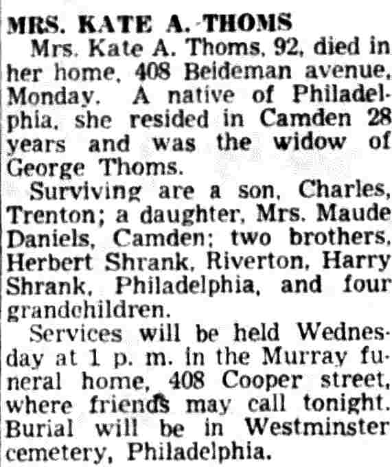 Mrs. Kate A. Thoms obituary — Camden Courier-Post, November 6, 1951