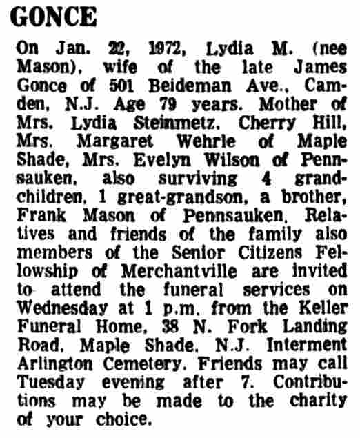Lydia M. Gonce obituary — Camden Courier-Post, January 25, 1972