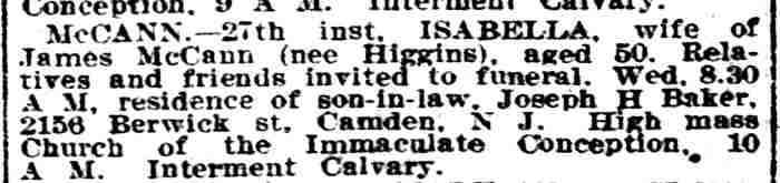McCann — Isabella McCann obituary notice — Philadelphia Inquirer, April 29, 1912
