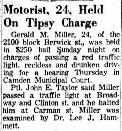 Motorist, 24, Held On Tipsy Charge — Camden Courier-Post, December 3, 1956