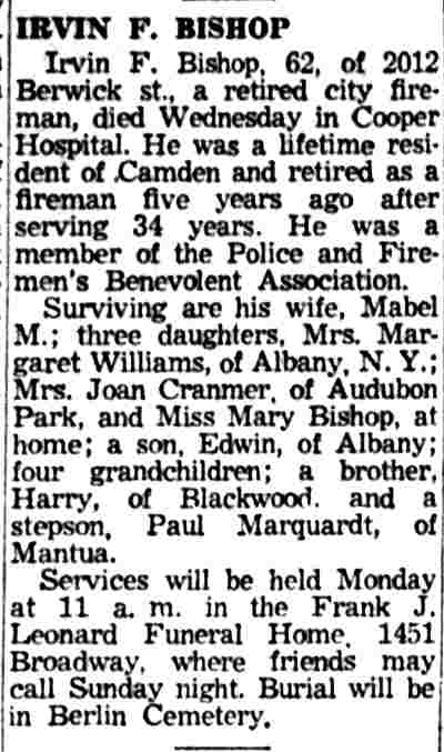 Obituary for Irvin F. Bishop of 2012 Berwick Street, Camden Courier-Post, June 12, 1958