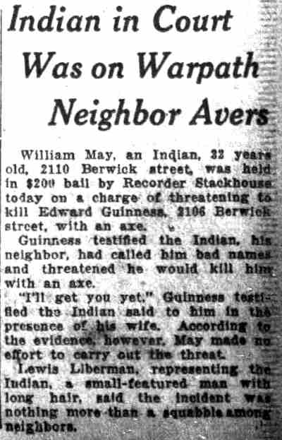 Indian in Court Was on Warpath Neighbor Avers — Camden Daily Courier, May 13, 1921