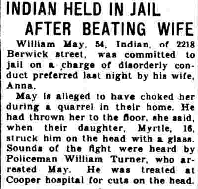 Indian Held in Jail After Beating Wife — Camden Courier-Post, March 14, 1932