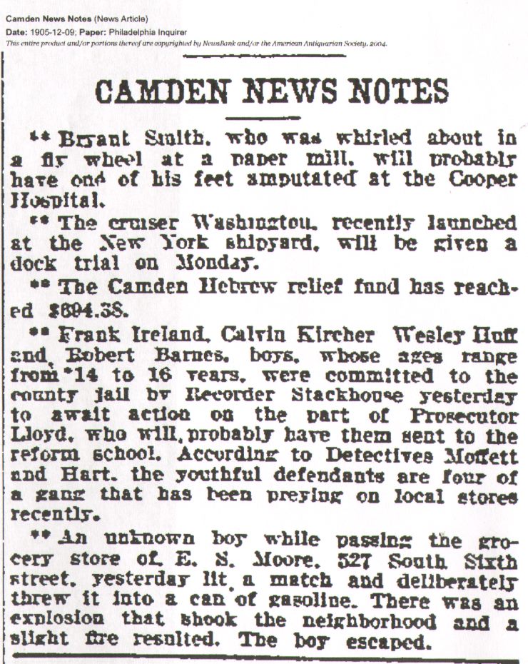 Camden News Notes, Philadelphia Inquirer, December 9, 1905