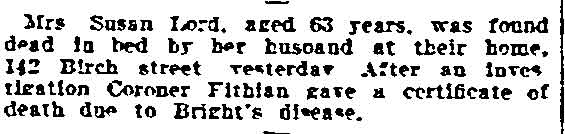 Mrs. Susan Lord death notice, Philadelphia Inquirer, January 31, 1906