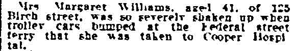 Margaret Williams trolley mishap, Philadelphia Inquirer, October 18, 1915