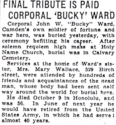 Final Tribute to Corporal Bucky Ward, Camden Courier-Post, November 28, 1930