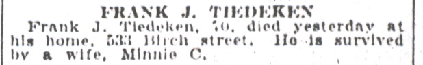 Frank J. Tiedeken death notice, Camden Courier-Post, November 28, 1930