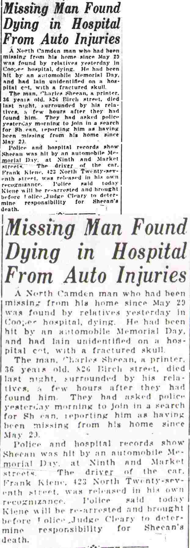 Missing man Charles Sheean found dying in hospital from auto injuries, Camden Courier-Post, June 6, 1925
