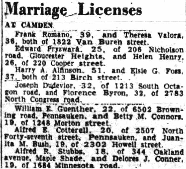 Marriage Licenses including Harry Albinson and Elsie Foss, Camden Courier-Post, August 2, 1949