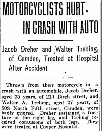 Jacob Dreher motorcycle crash, Philadelphia Inquirer, July 24, 1917