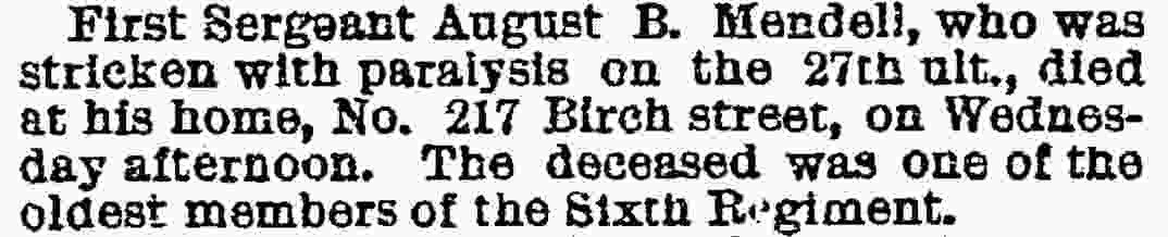 First Sergeant Augustus F. Mendell obituary, Philadelphia Inquirer, July 8, 1887