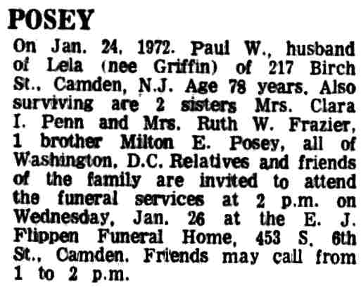 Paul W. Posey death notice, Camden Courier-Post, January 25, 1972