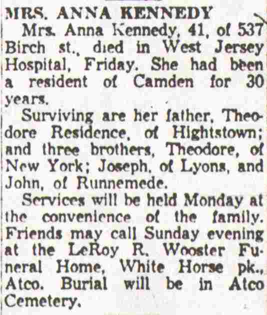 Mrs. Anna Kennedy obituary, Camden Courier-Post, December 28, 1957